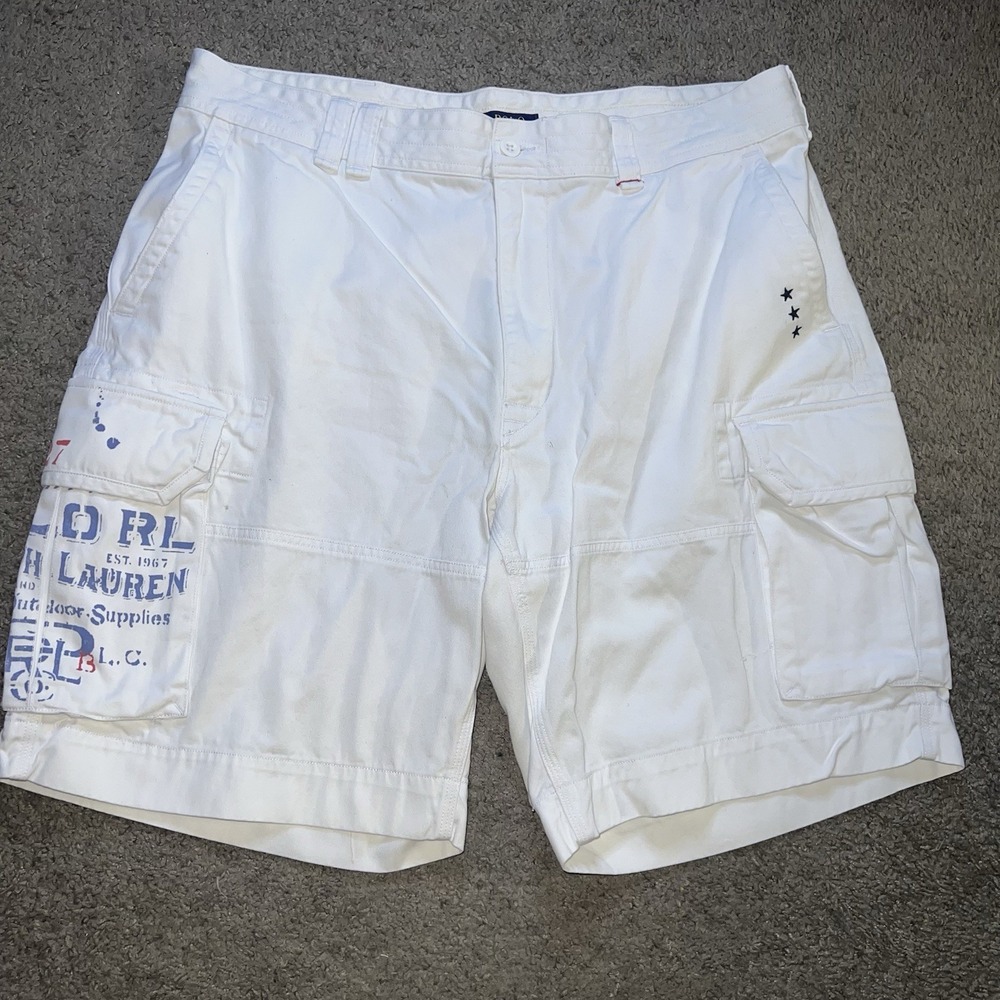 Polo Ralph Lauren Men Shorts 40 White Gellar Cargo Graphic Twill Text PRL 10